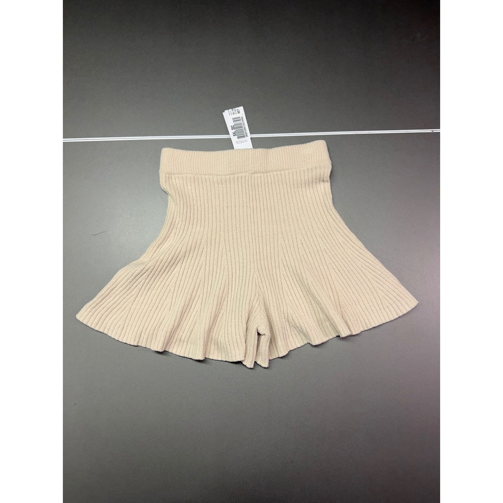 UGG Women Beige Ribbed Knit High Waisted Flared Loungewear Shorts Small NEW
